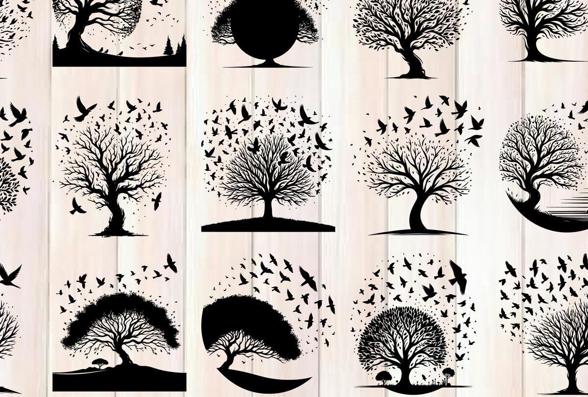 Intra απο ξύλο plywood 3mm-4mm πάχος – Δέντρο και πουλί σιλουέτα διάνυσμα δέσμη Δίασταση  20x20 cm INTRAFABR-118096482