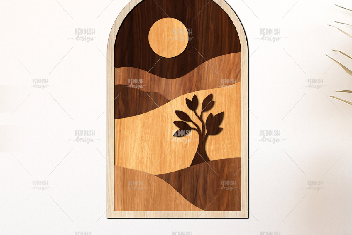 Intra απο ξύλο plywood 3mm-4mm πάχος – Δέντρο και ήλιος πάνω από το Rolling Hills 3D Δίασταση  20x20 cm INTRAFABR-125136162