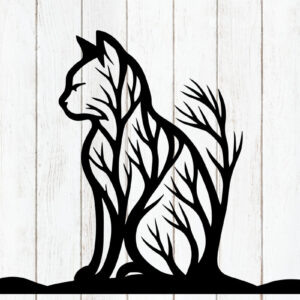 Intra απο ξύλο plywood 3mm-4mm πάχος – Τέχνη τοίχου με σιλουέτα δέντρων γάτα Δίασταση  40x30 cm INTRAFABR-124400123