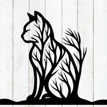 Intra απο ξύλο plywood 3mm-4mm πάχος – Τέχνη τοίχου με σιλουέτα δέντρων γάτα Δίασταση  40x30 cm INTRAFABR-124400123 - Image 1