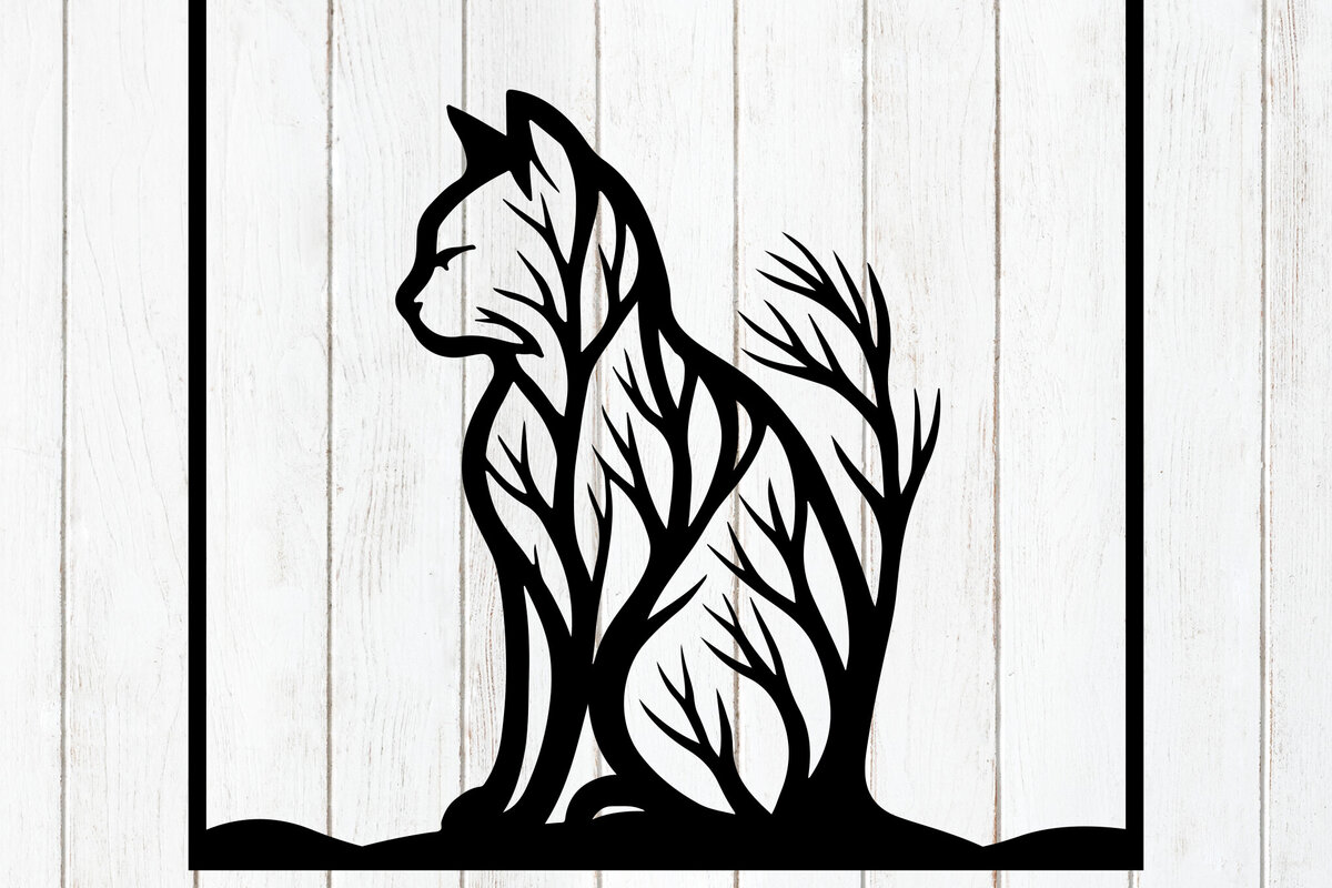 Intra απο ξύλο plywood 3mm-4mm πάχος – Τέχνη τοίχου με σιλουέτα δέντρων γάτα Δίασταση  40x30 cm INTRAFABR-124400123