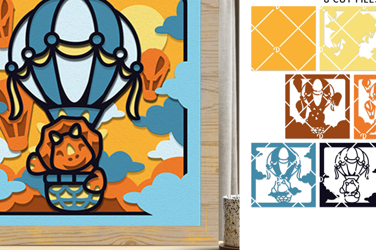 Intra απο ξύλο plywood 3mm-4mm πάχος – Triceratops σε μπαλόνι ζεστού αέρα Shadowbox Δίασταση  20x20 cm INTRAFABR-77367623