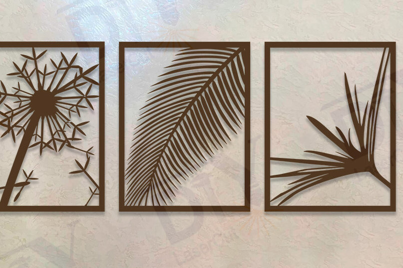 Intra απο ξύλο plywood 3mm-4mm πάχος – Τρίπτυχο με Φοίνικες και Πικραλίδα Δίασταση  20x20 cm INTRAFABR-112022989