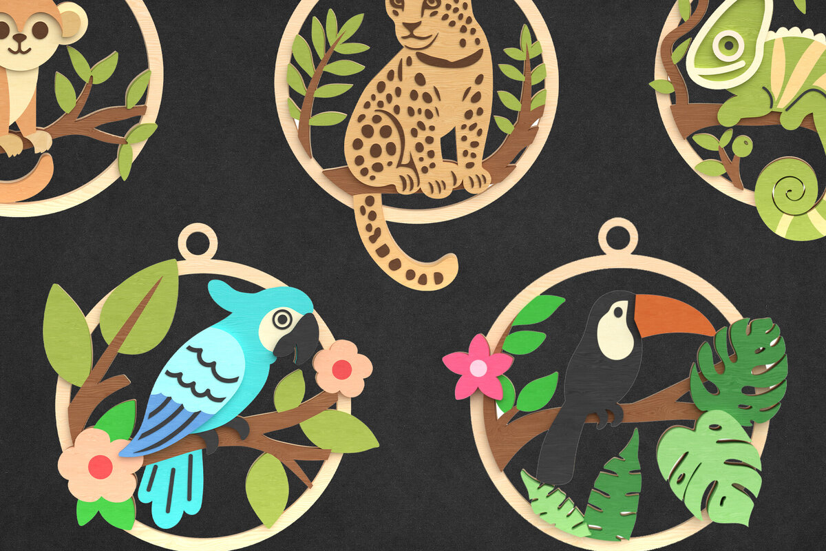 Intra απο ξύλο plywood 3mm-4mm πάχος – Πακέτο στολίδι με ζώα της τροπικής ζούγκλας Δίασταση  20x20 cm INTRAFABR-119239871