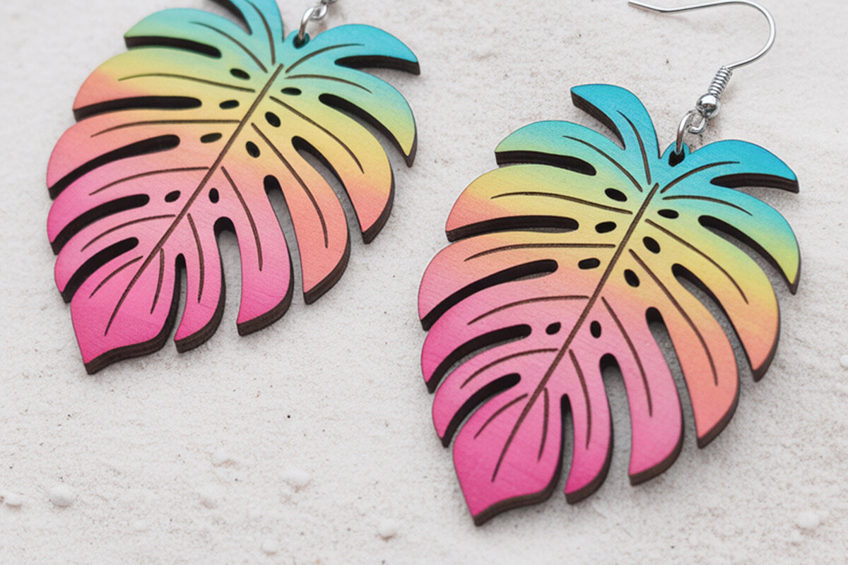 Intra απο ξύλο plywood 3mm-4mm πάχος – Tropical Leaf Σκουλαρίκια Cut Laser Δίασταση  5x5 cm INTRAFABR-121577115