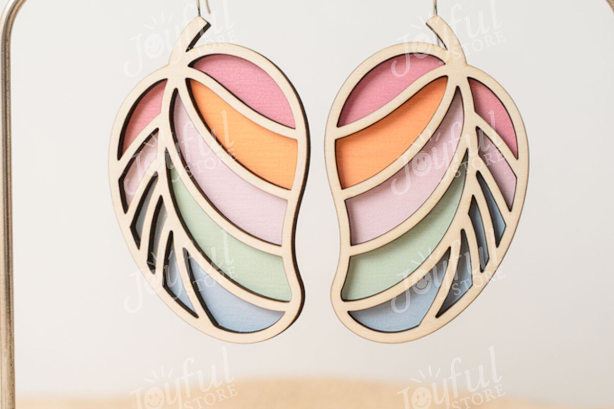 Intra απο ξύλο plywood 3mm-4mm πάχος – Σκουλαρίκια με τροπικά φύλλα Δίασταση  5x5 cm INTRAFABR-122250224