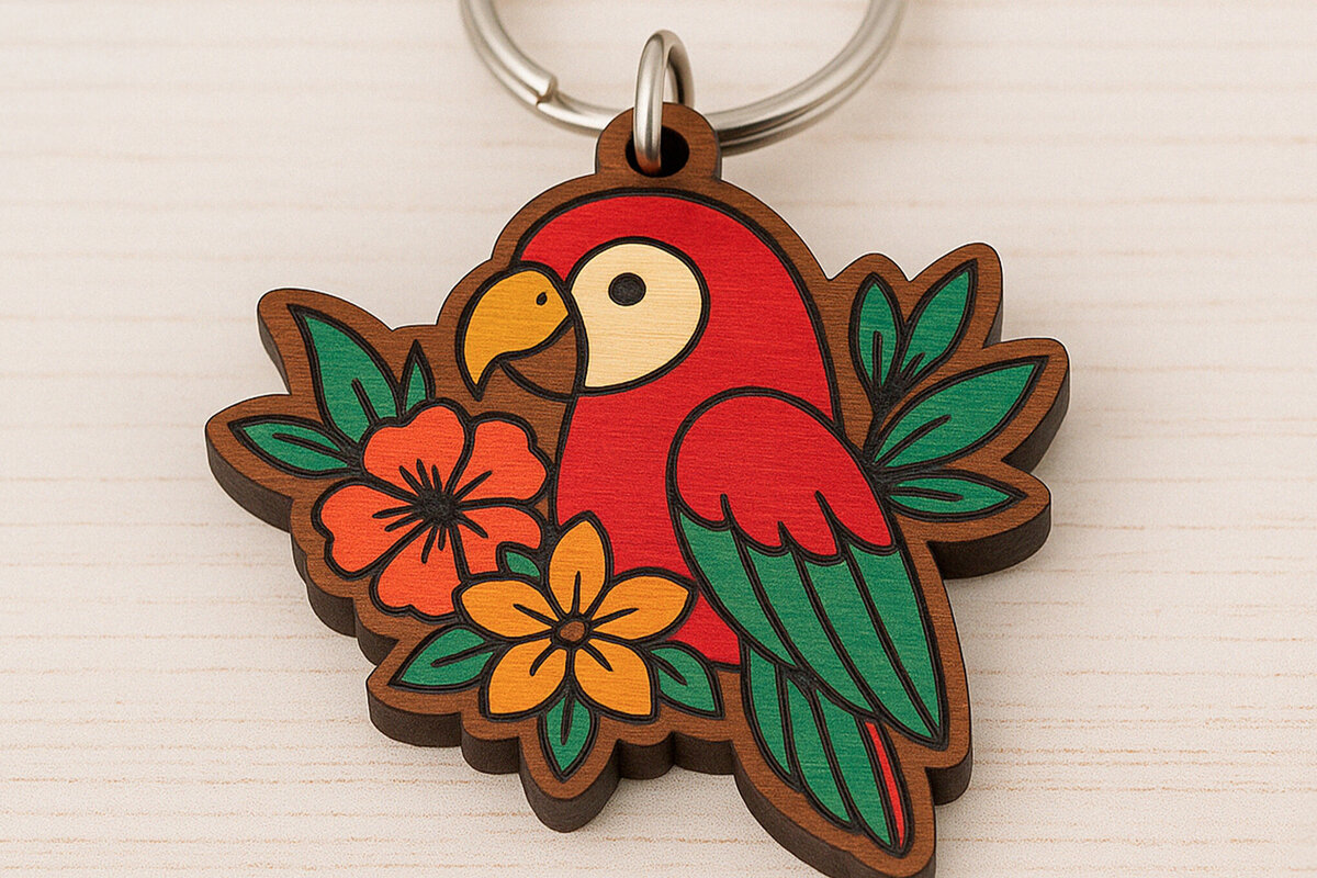 Intra απο ξύλο plywood 3mm-4mm πάχος – Μπρελόκ Tropical Parrot Δίασταση  5x5 cm INTRAFABR-121334382