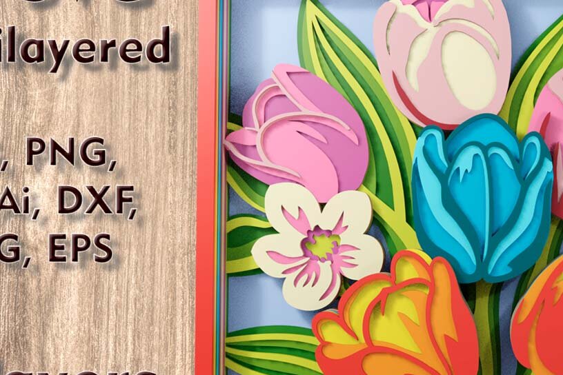 Intra απο ξύλο plywood 3mm-4mm πάχος – Αρχεία λέιζερ 3D Tulips Δίασταση  20x20 cm INTRAFABR-108943998