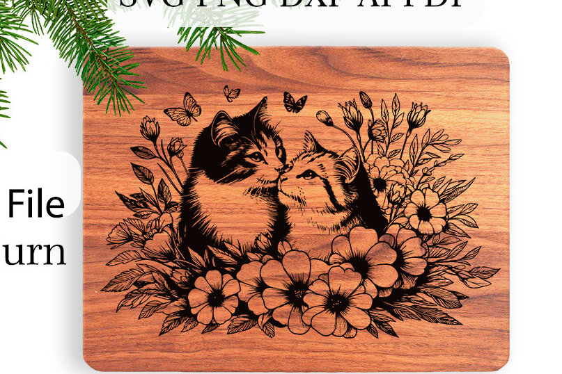 Intra απο ξύλο plywood 3mm-4mm πάχος – Δύο γάτες ερωτευμένες με χαρακτικά λουλουδιών Δίασταση  20x20 cm INTRAFABR-110835601