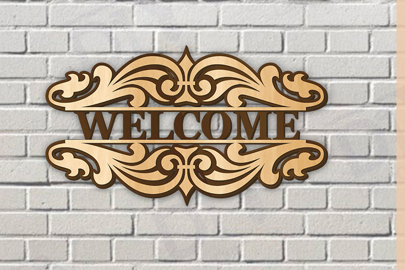 Intra απο ξύλο plywood 3mm-4mm πάχος – Κοπή λέιζερ πινακίδας δύο επιπέδων "Καλώς ήρθατε". Δίασταση  20x20 cm INTRAFABR-115220469