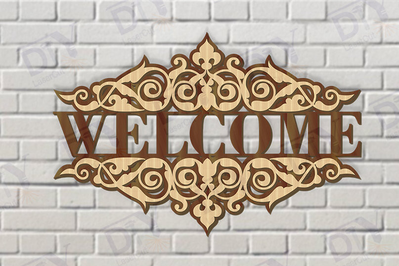 Intra απο ξύλο plywood 3mm-4mm πάχος – Κοπή λέιζερ πινακίδας δύο επιπέδων "Καλώς ήρθατε". Δίασταση  20x20 cm INTRAFABR-117347691