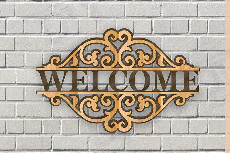 Intra απο ξύλο plywood 3mm-4mm πάχος – Κοπή λέιζερ πινακίδας δύο επιπέδων "Καλώς ήρθατε". Δίασταση  20x20 cm INTRAFABR-115149581