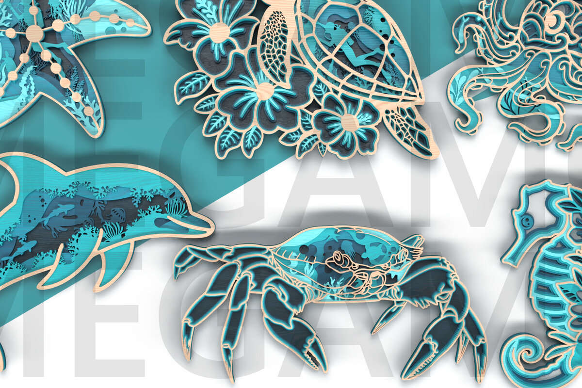 Intra απο ξύλο plywood 3mm-4mm πάχος – Δέσμη κοπής λέιζερ Under the Sea – 6 στρώσεων Δίασταση  20x20 cm INTRAFABR-119707516