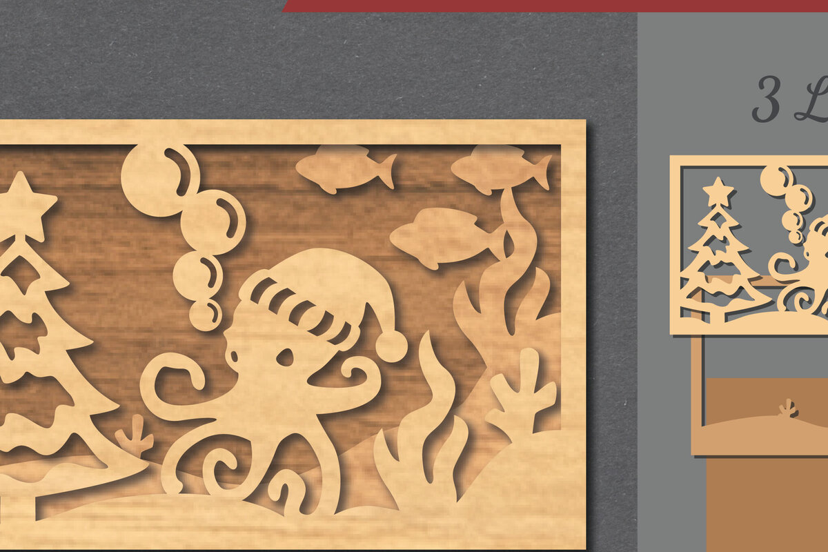 Intra απο ξύλο plywood 3mm-4mm πάχος – Υποβρύχια χριστουγεννιάτικη σκηνή κοπής με λέιζερ Δίασταση  20x20 cm INTRAFABR-112551916