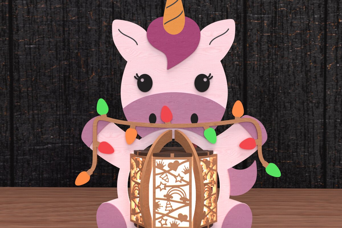 Intra απο ξύλο plywood 3mm-4mm πάχος – Μονόκερος Χριστουγεννιάτικο φανάρι με λέιζερ Δίασταση  20x20 cm INTRAFABR-108066383