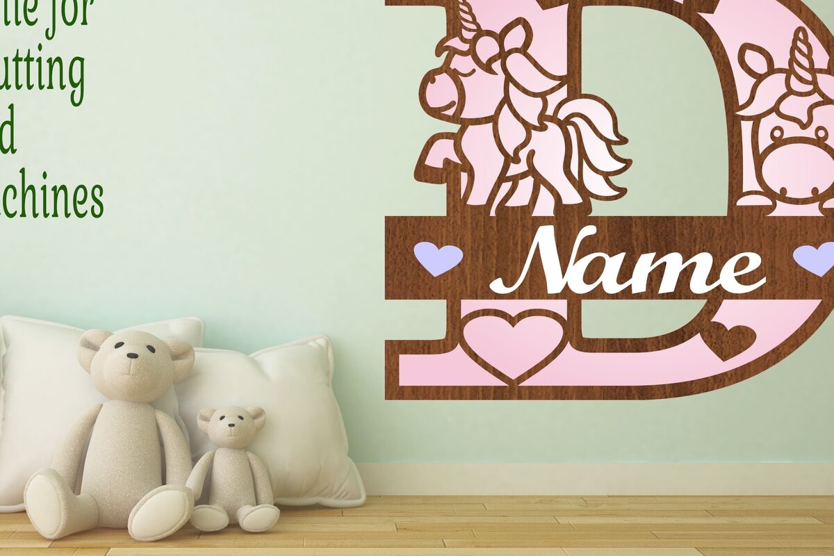 Intra απο ξύλο plywood 3mm-4mm πάχος – Μονόκερος Μονόγραμμα Επιστολή D Αποκοπή αρχείου Δίασταση  20x20 cm INTRAFABR-70818586