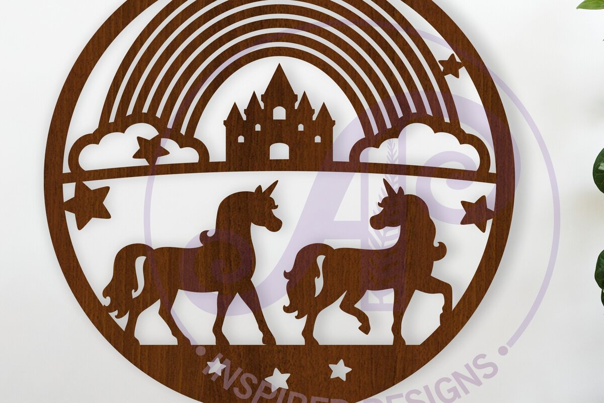 Intra απο ξύλο plywood 3mm-4mm πάχος – Μονόκεροι και σημάδι τέχνης τοίχου ουράνιου τόξου Δίασταση  40x30 cm INTRAFABR-118702687