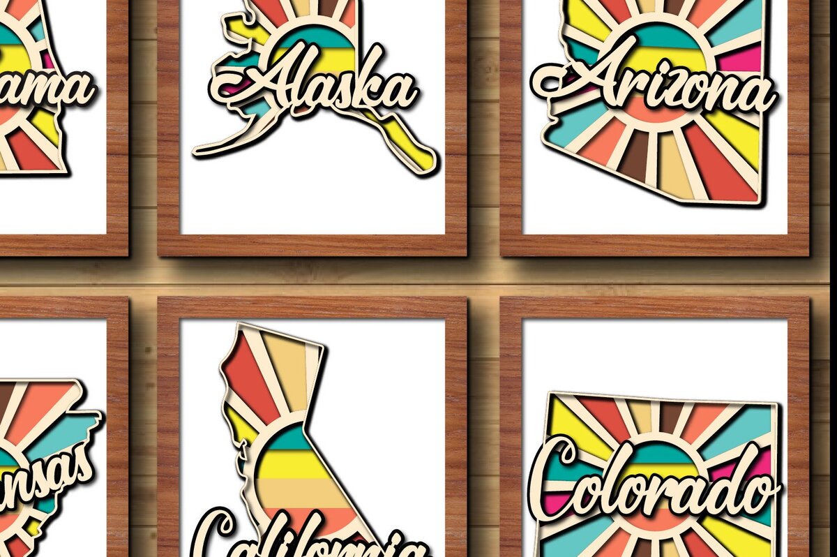 Intra απο ξύλο plywood 3mm-4mm πάχος – ΗΠΑ 50 πολιτειών ρετρό χάρτης κοπής με λέιζερ/χαρτί Δίασταση  20x20 cm INTRAFABR-34594848