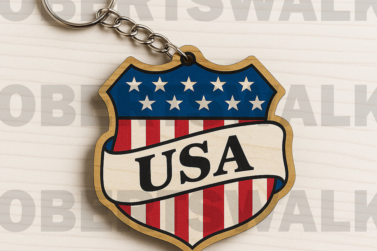 Intra απο ξύλο plywood 3mm-4mm πάχος – Μπρελόκ USA Badge Cut Laser Δίασταση  5x5 cm INTRAFABR-122600567