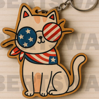 Intra απο ξύλο plywood 3mm-4mm πάχος – Αρχείο USA Flag Cat Keychain Δίασταση  5x5 cm INTRAFABR-122602176 - Image 1