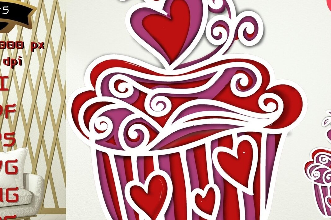 Intra απο ξύλο plywood 3mm-4mm πάχος – Valentine 3D Cupcakes Δίασταση  20x20 cm INTRAFABR-54484432
