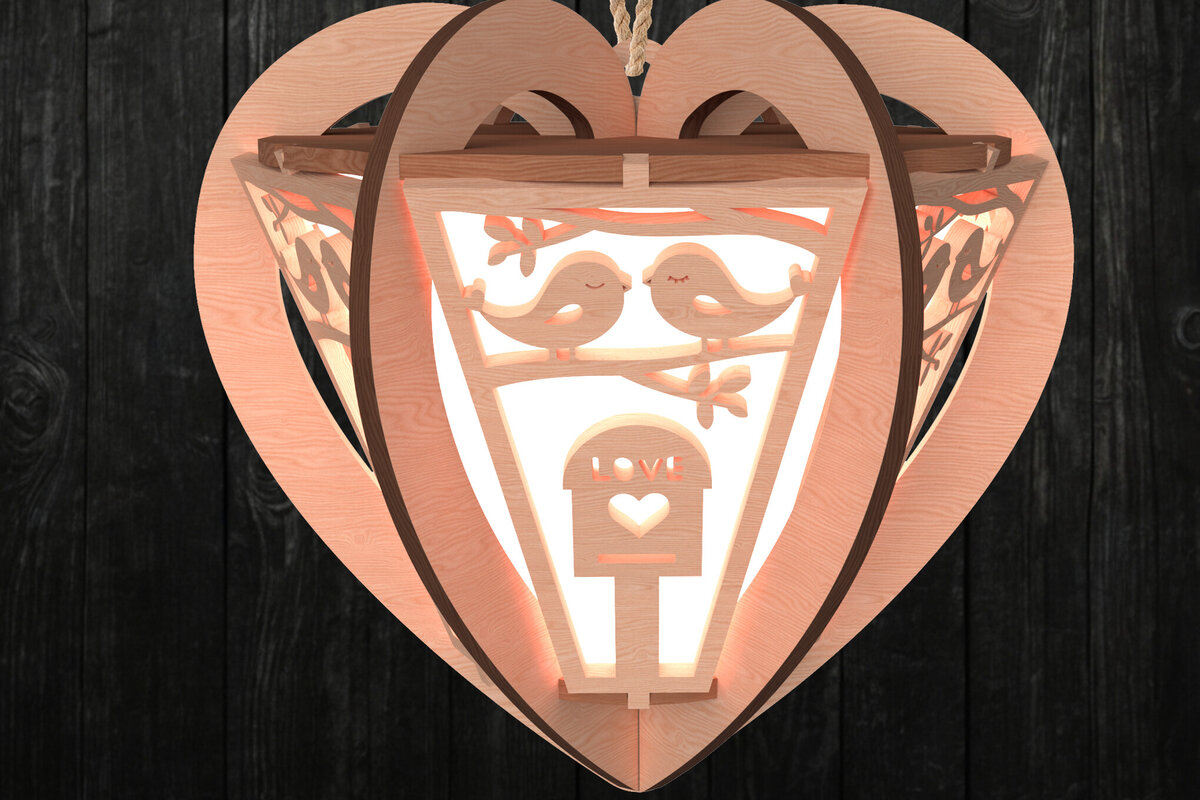 Intra απο ξύλο plywood 3mm-4mm πάχος – Φανάρι καρδιάς Valentine Lovebirds Δίασταση  20x20 cm INTRAFABR-112203060