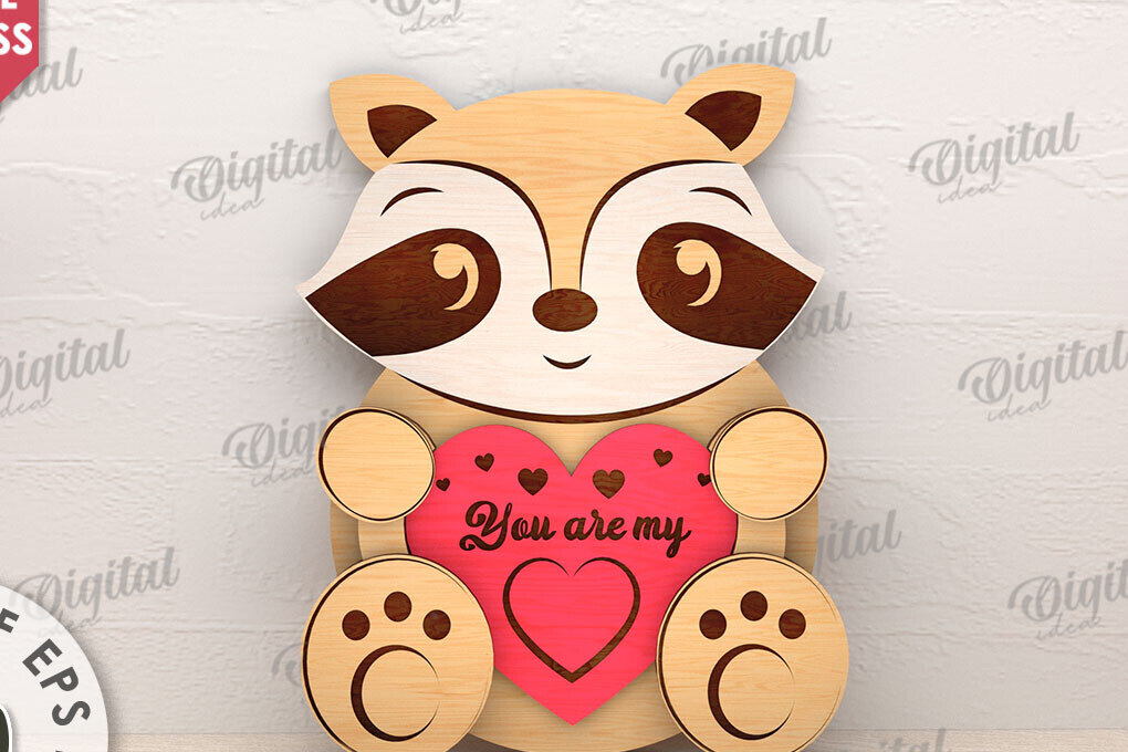 Intra απο ξύλο plywood 3mm-4mm πάχος – Ρακούν Αγίου Βαλεντίνου με καρδιάς Δίασταση  20x20 cm INTRAFABR-114206142