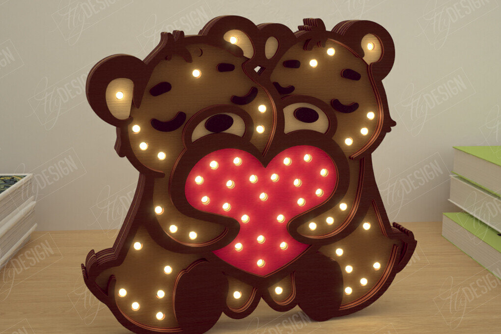 Intra απο ξύλο plywood 3mm-4mm πάχος – Λάμπα Led με στρώσεις για την ημέρα του Αγίου Βαλεντίνου | Αρκούδες Δίασταση  20x20 cm INTRAFABR-110271805