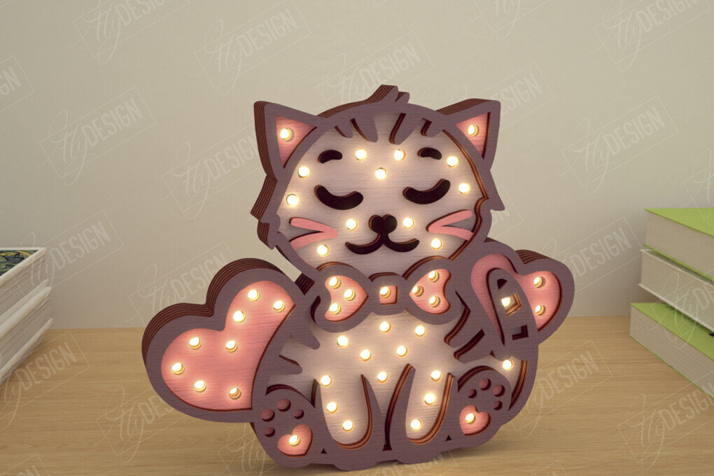 Intra απο ξύλο plywood 3mm-4mm πάχος – Λάμπα Led με στρώσεις για την ημέρα του Αγίου Βαλεντίνου | Γάτα Δίασταση  20x20 cm INTRAFABR-110271684