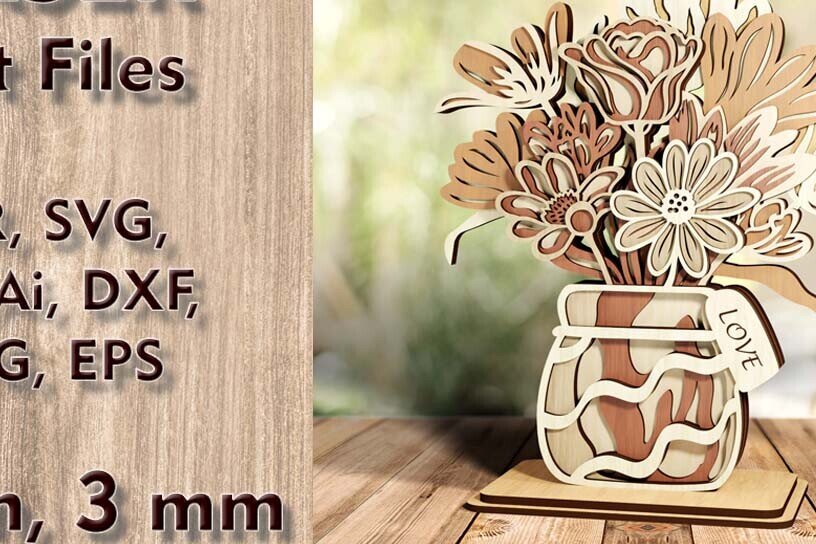 Intra απο ξύλο plywood 3mm-4mm πάχος – Βάζο με λουλούδια 3D κομμένα αρχεία με λέιζερ Δίασταση  20x20 cm INTRAFABR-120135822