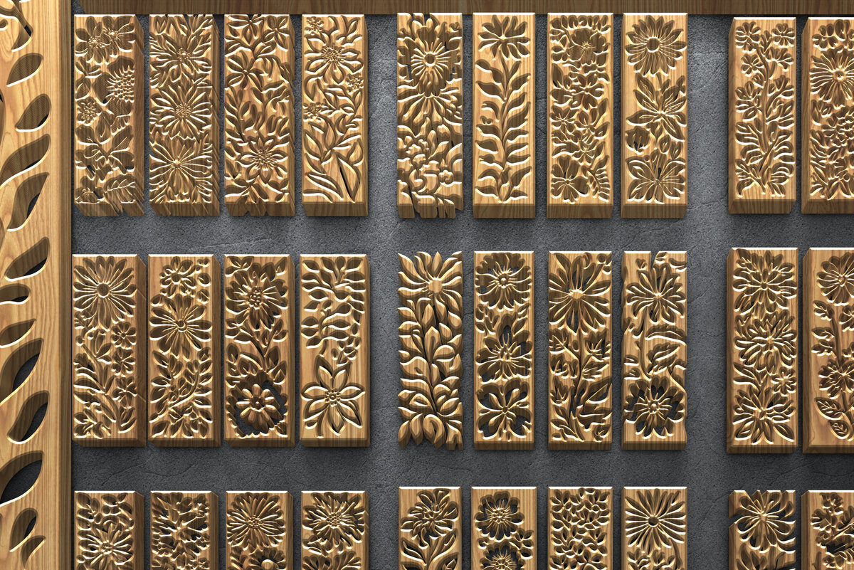 Intra απο ξύλο plywood 3mm-4mm πάχος – Κάθετα πάνελ φλοράλ κοπής με λέιζερ Δίασταση  20x20 cm INTRAFABR-124923763