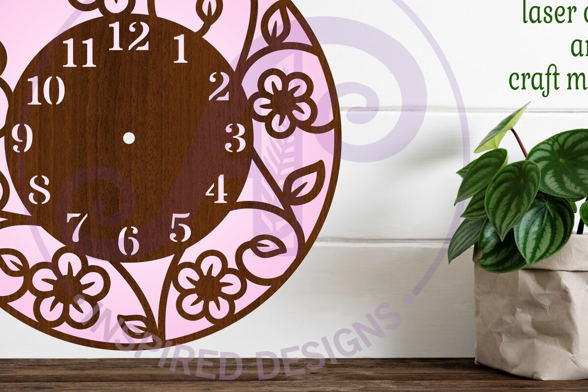 Intra απο ξύλο plywood 3mm-4mm πάχος – Vine Flowers Ρολόι Τοίχου Ρολόι Κόψιμο με λέιζερ Δίασταση  40x30 cm INTRAFABR-119858399