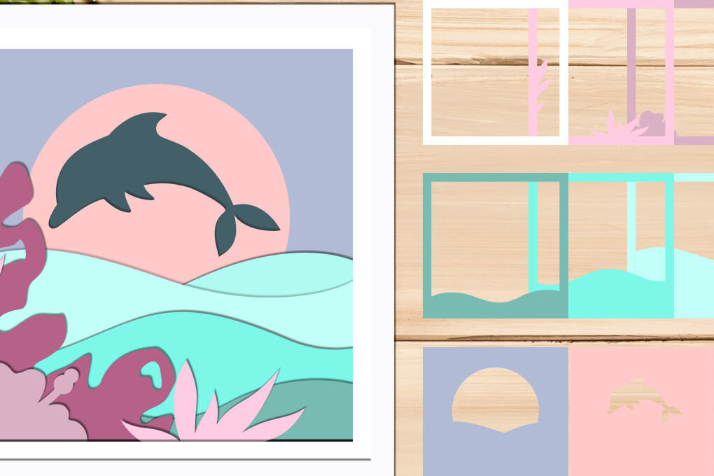 Intra απο ξύλο plywood 3mm-4mm πάχος – Waves and Dolphin 3d Shadow Box Δίασταση  20x20 cm INTRAFABR-69061561