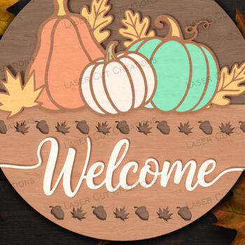 Intra απο ξύλο plywood 3mm-4mm πάχος – Καλώς ήρθατε Φθινοπωρινές κολοκύθες στρογγυλό σημάδι Δίασταση  20x20 cm INTRAFABR-125383099 - Image 1