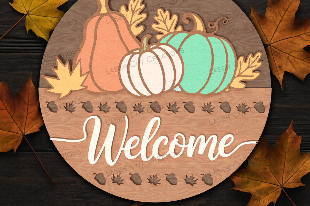 Intra απο ξύλο plywood 3mm-4mm πάχος – Καλώς ήρθατε Φθινοπωρινές κολοκύθες στρογγυλό σημάδι Δίασταση  20x20 cm INTRAFABR-125383099