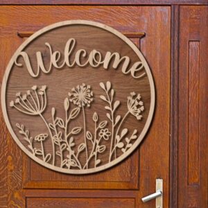 Intra απο ξύλο plywood 3mm-4mm πάχος – Welcome Flowers Door Sign Cut Laser Δίασταση  40x30 cm INTRAFABR-101855241