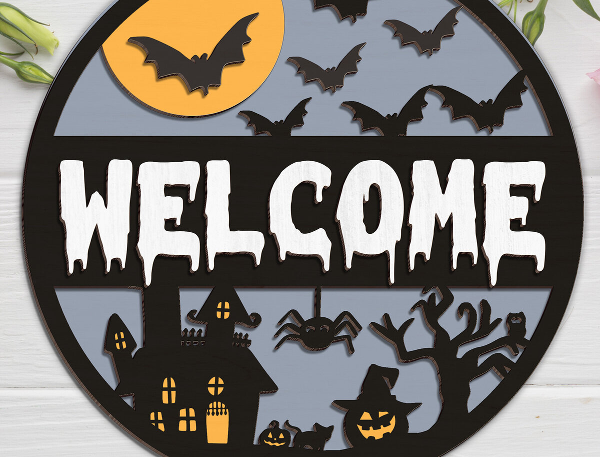 Intra απο ξύλο plywood 3mm-4mm πάχος – Καλώς ορίσατε Αποκριάτικη πινακίδα πόρτας Αποκοπή αρχείου Δίασταση  20x20 cm INTRAFABR-102202810