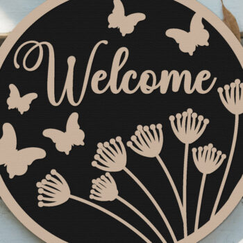 Intra απο ξύλο plywood 3mm-4mm πάχος – Welcome Round Sign Lasercut - Floral Δίασταση  40x30 cm INTRAFABR-125166412 - Image 1