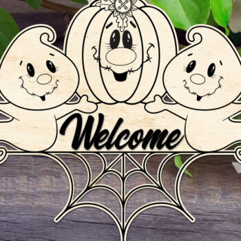Intra απο ξύλο plywood 3mm-4mm πάχος – Welcome Sign Ghost with Pumpkin Δίασταση  40x30 cm INTRAFABR-75767771 - Image 1