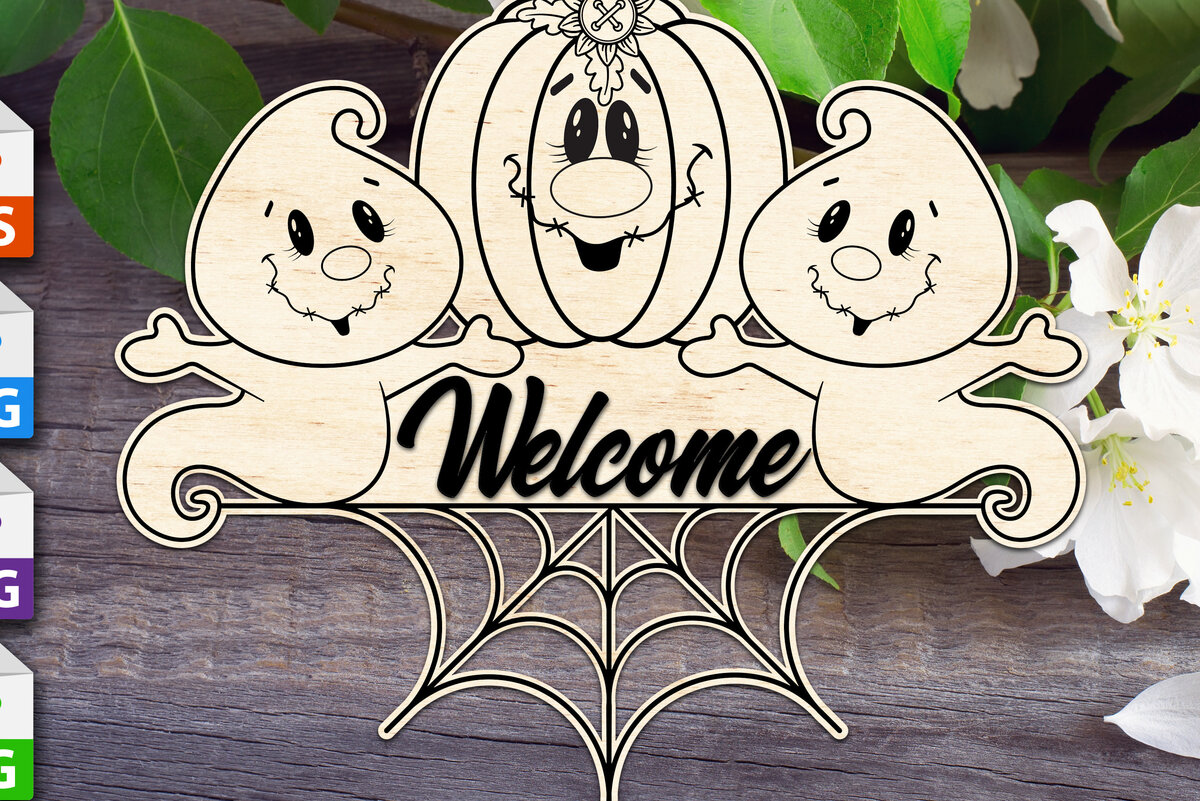 Intra απο ξύλο plywood 3mm-4mm πάχος – Welcome Sign Ghost with Pumpkin Δίασταση  40x30 cm INTRAFABR-75767771