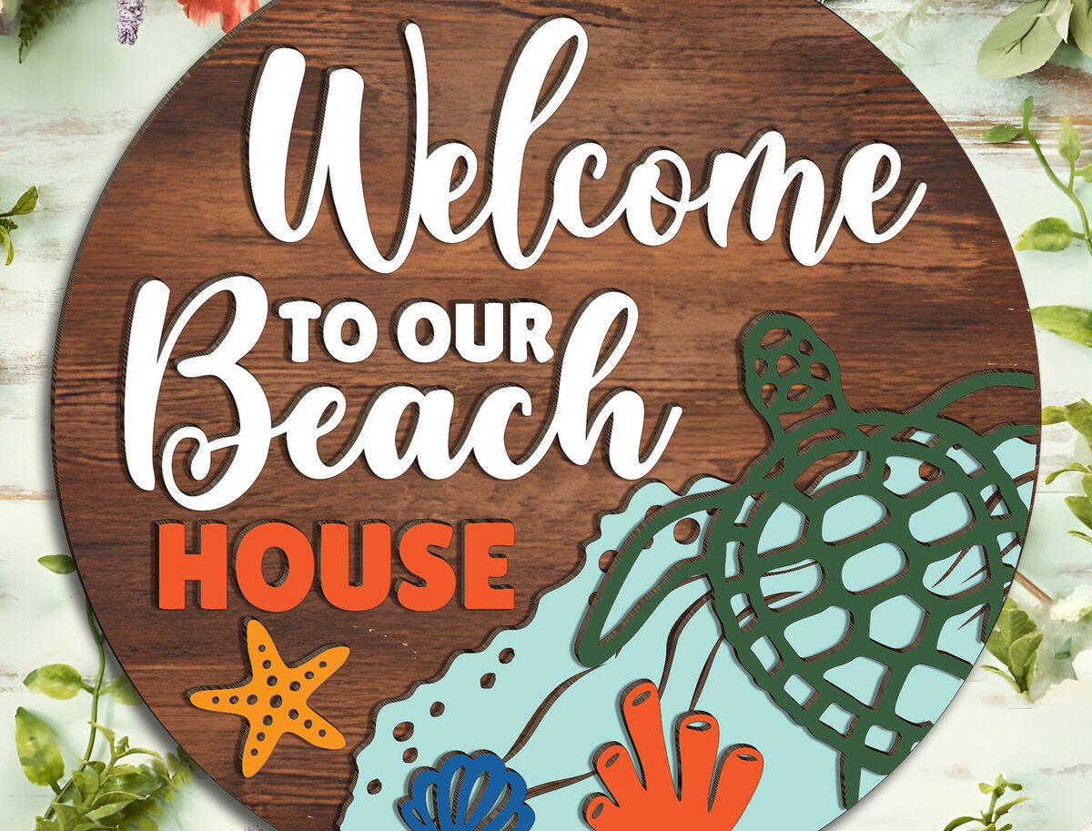 Intra απο ξύλο plywood 3mm-4mm πάχος – Καλώς ήρθατε στο Our Beach House Turtle Sign Δίασταση  40x30 cm INTRAFABR-123189234