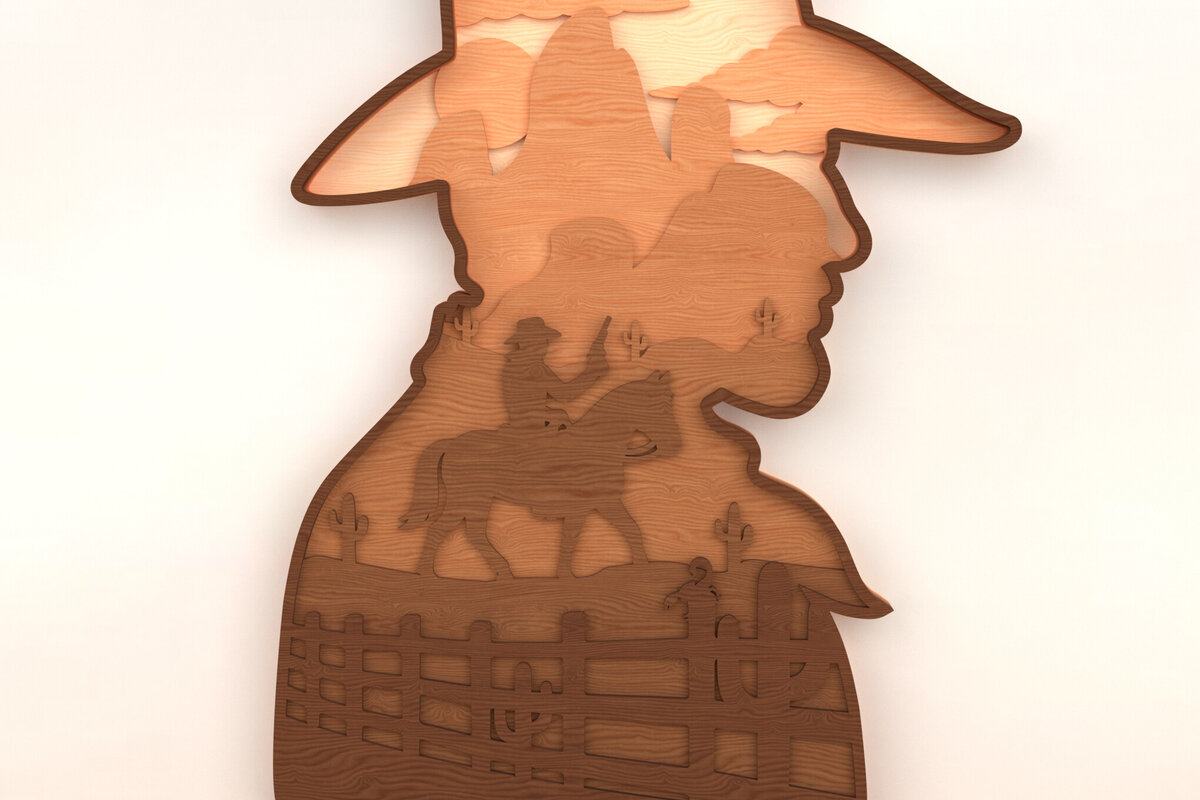 Intra απο ξύλο plywood 3mm-4mm πάχος – Western Cowboy Layered Art Δίασταση  20x20 cm INTRAFABR-119868304