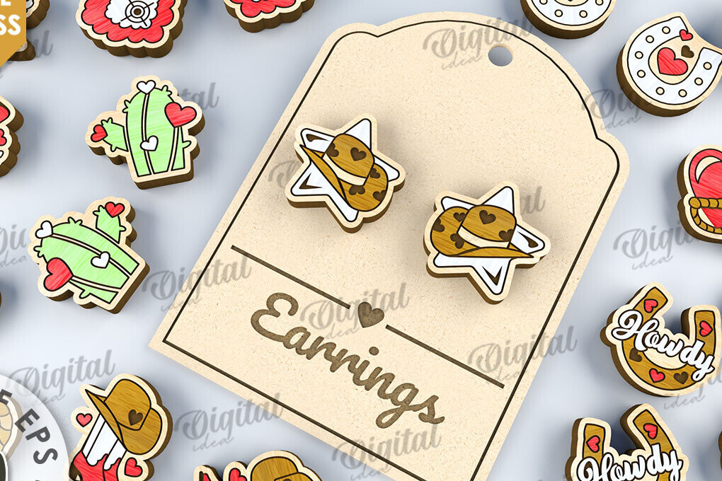 Intra απο ξύλο plywood 3mm-4mm πάχος – Δέσμη κοπής με λέιζερ σκουλαρίκια Western Δίασταση  5x5 cm INTRAFABR-112513174