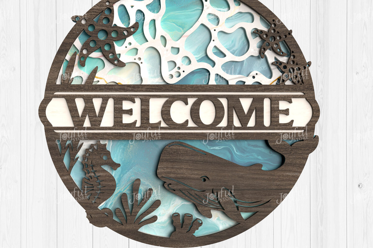 Intra απο ξύλο plywood 3mm-4mm πάχος – Σημάδι καλωσορίσματος Whale &amp; Coral Δίασταση  20x20 cm INTRAFABR-123114616