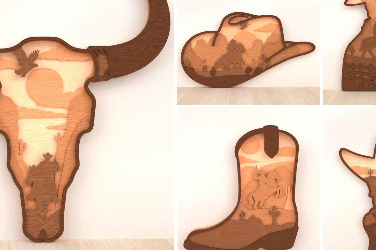 Intra απο ξύλο plywood 3mm-4mm πάχος – Πακέτο Wild West Cowboy Layered Δίασταση  20x20 cm INTRAFABR-119868332