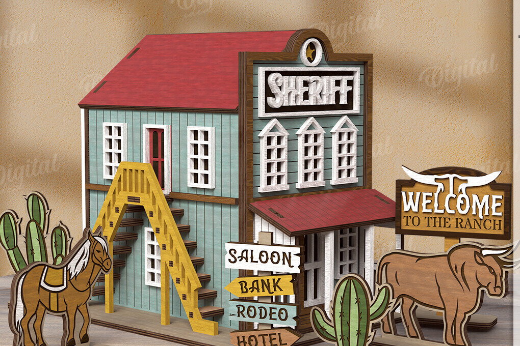 Intra απο ξύλο plywood 3mm-4mm πάχος – Περικοπή με λέιζερ Wild West Town Δίασταση  20x20 cm INTRAFABR-123620577