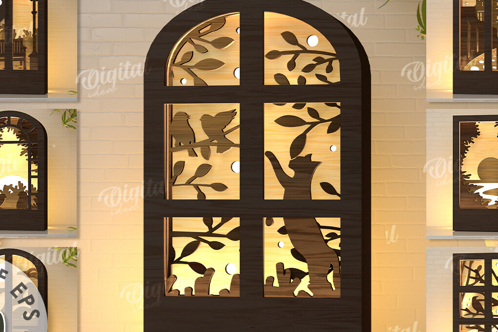 Intra απο ξύλο plywood 3mm-4mm πάχος – Παράθυρο Led Nightlights Πακέτο κοπής με λέιζερ Δίασταση  20x20 cm INTRAFABR-107963362