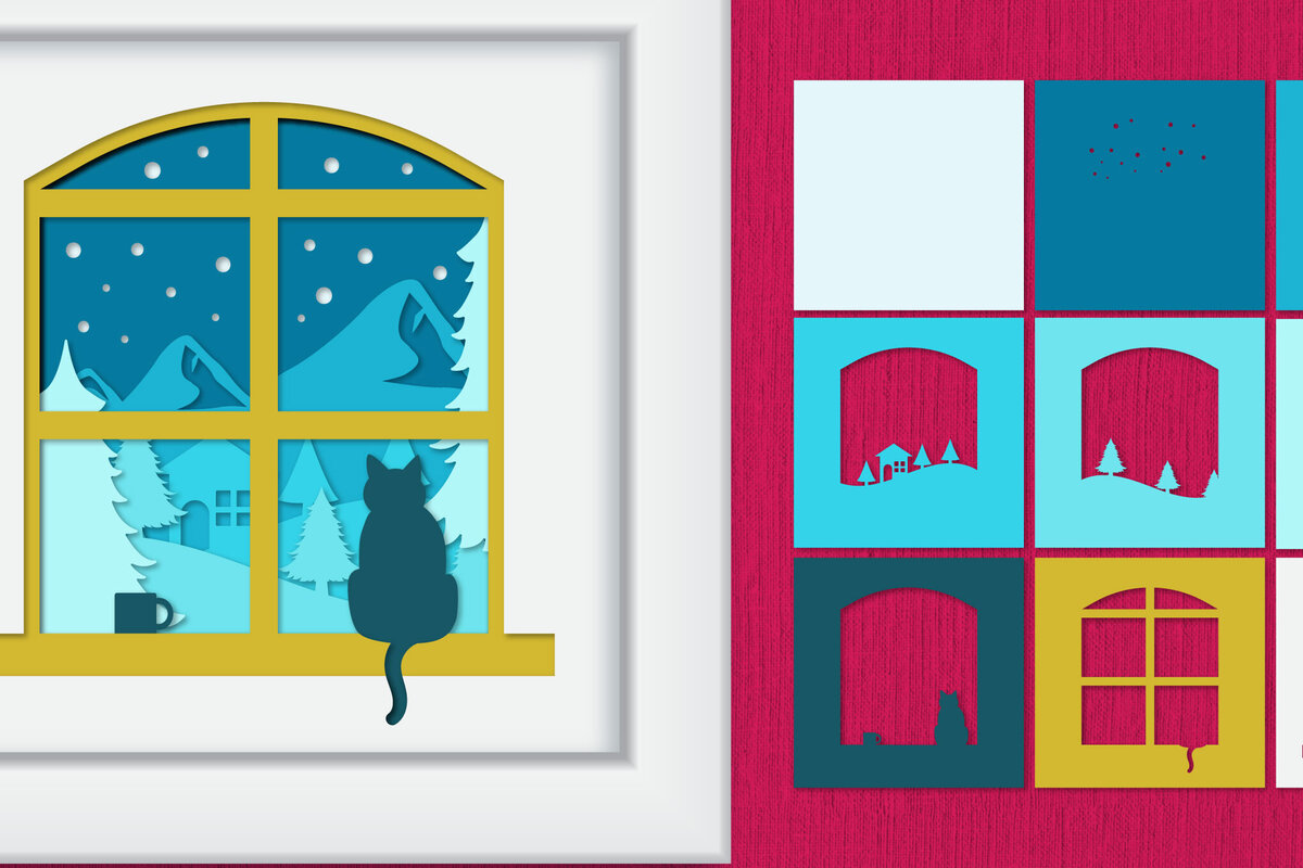 Intra απο ξύλο plywood 3mm-4mm πάχος – Χειμωνιάτικη γάτα σε χαρτί με στρώματα Windows Δίασταση  20x20 cm INTRAFABR-86075315