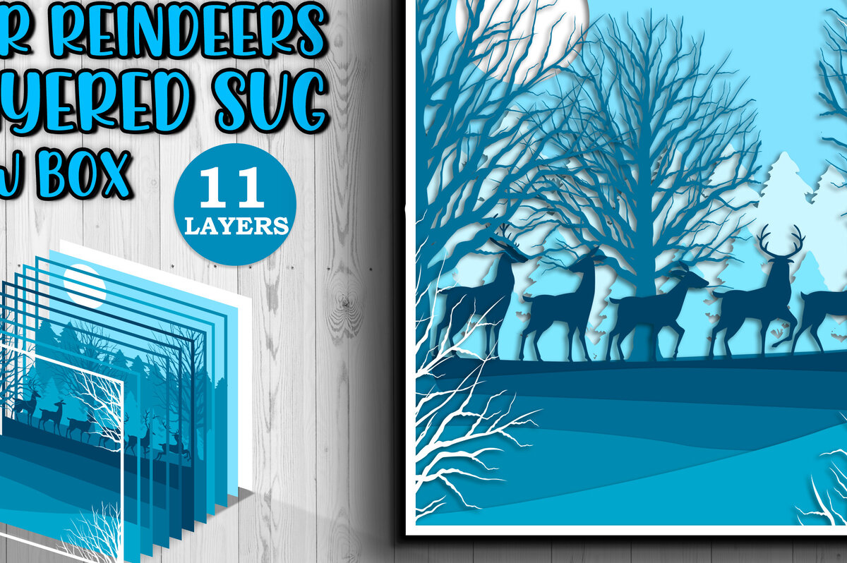 Intra απο ξύλο plywood 3mm-4mm πάχος – Τρισδιάστατο κουτί σκιών Winter Deer Layered Δίασταση  20x20 cm INTRAFABR-17286713