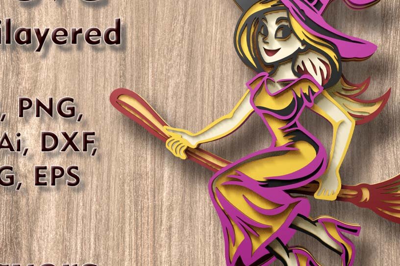 Intra απο ξύλο plywood 3mm-4mm πάχος – Witch on Broomstick 3D Laser Files Δίασταση  20x20 cm INTRAFABR-110903740